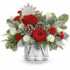 Little Drummer Joy Bouquet is filled with red roses, white blooms, and
