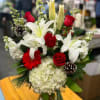 RED AND WHITE ARRANGEMENT OF LILIES, ROSES, HYDRANGEA, GERBERA DAISY, STOCK, LARKSPUR