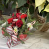 Red and white mixed flowers in a sled