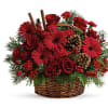 Beautiful basket with roses and fresh pine, and decorations dedicated to this