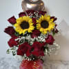 Floral arrangement with 13 red roses, 2 sunflowers, and 1 heart-shaped balloon
