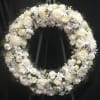 24&rdquo; Memorial Wreath.  All white flowers :   MUMS -