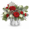 Little Drummer Joy Bouquet is filled with red roses, white blooms, and