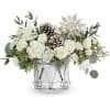 Sparkling Wishes Bouquet glows with snowy white blooms, eucalyptus, and pinecones in