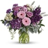 This harmonic mix of deep purple hydrangea with light lavender roses and