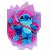 Beautiful bouquet with pink and blue roses accompanied by an adorable Stitch