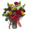 This charming arrangement features six velvety red roses, six pristine white roses