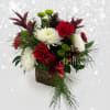 A festive arrangement composed in a charming bark vase.
