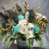 A bold and luxurious New Year arrangement featuring ivory spray roses, teal