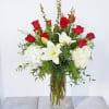 Elegant tall arrangement measures approximately 36" tall and contains a dozen red