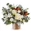 Golden Mod Bouquet shines with cr&egrave;me roses, white alstroemeria, and carnations surrounded