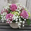 Quaint and compact, this charming arrangement of lavender roses, green hydrangea and