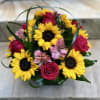 Sunflowers, roses and alstroemeria with greenery arches styled in a modern look.