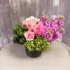 Small grouping arrangement with pink roses, stock, white hydrangea and mini green