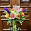 Recipe: Pink Asiatic Lilies, Purple Larkspur, Orange/Pink Seasonal Dahlias, White Hydrangaes, Orange