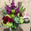 Type of Flowers: This high design includes Purple Stock, Red Roses, Pink