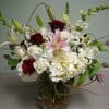 Recipe: White Snapdragons, Pink Stargazers Lilies, White Hydrangeas, Red Roses, Purple Tulips