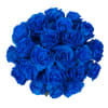 Long stem premium blue roses in a vase with filler, greens, and