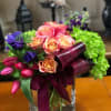 Type of Flowers: Purple Stock, Pink Roses, Pink Tulips, Green Hydrangeas, Purple