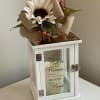 White Memorial Lantern with Copper Top with Faux Accents.  Lantern says