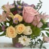 This delightful compact arrangement showcases a harmonious blend of soft pink and