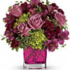 Lovely at first sight. Green miniature hydrangea and lavender roses are a