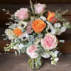 Modern Floral Bouquet of Pink and Orange Roses, White Stock, White Button