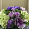Green Hydrangeas, Purple Kale, Lavender Roses, Lisianthus and other seasonal flowers with