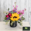 Something bright and fun in a black matte cup including sunflowers, stock