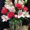 Stunning pink and white lilies,  1/2 dozen fuchsia roses, white stock