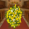 fresh white and yellow floral mix , arrangement comes with banner add