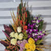WHITE/YELLOW ROSES, PEACH HYPERICUM BERRIES, LAVENER HYDRANGIAS, LAVENDER/WHITE DENDROBRIUM ORCHIDS, YELLOW SOLIDAGO