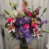 Lillies, purple hydrangaes, roses, snaps, stock
