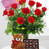 1 dozen long stem red roses arranged, 1 plush teddy bear, 1
