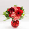 Red flowers in a red vase 