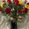 DOZEN RED ROSES AND SUNFLOWERS IN A STANDARD VASE
