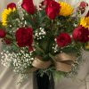 A DOZEN ROSES WITH SUNFLOWERS IN A CUSTOM VASE