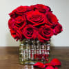 Red Roses in 5x5&rdquo;square silver or gold   glass vase 