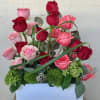 12 mixed color roses, lily grass in 8'' ceramic container 