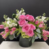 Roses, Tulips, Stock in cylinder glass vase 