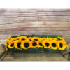 STATEMENT MODERN ARRANGEMENT IN LONG RECTANGULAR GLASS VASE WITH SUNFLOWERS AND ASPIDISTRA