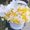 50 Premium WHITE and YELLOW Roses with Orchid