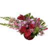 Red roses, green hydrangeas, cymbidium orchids, tulips, snapdragons and wax flowers designed