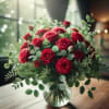 "Twenty-five premium roses, artfully arranged with a lush variety of seasonal greenery
