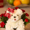 -fresh cut white carnations
-arranged in a wooden basket filled with flowers
