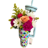 Tumbler featuring color coordinating flowers including roses, carnations, daisies, and statice. Flowers