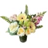 Cream roses, green orchid, light pink spray roses, kale, pink snapdragon, yellow