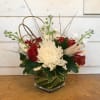 Red roses and stargazer lilies with fragrant white stock, and white crysanthemums
