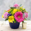 Enjoy this 5" blue ceramic vase vase filled with hot pink gerbera