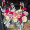 Super Fun Tote of flowers, modern style arrangement with all the elements
